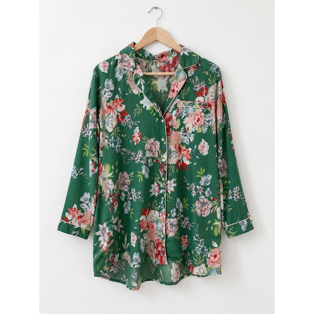 Cupcakes‎ and Cashmere Green Floral Button Down Pajama Top Tunic M Cottagecore